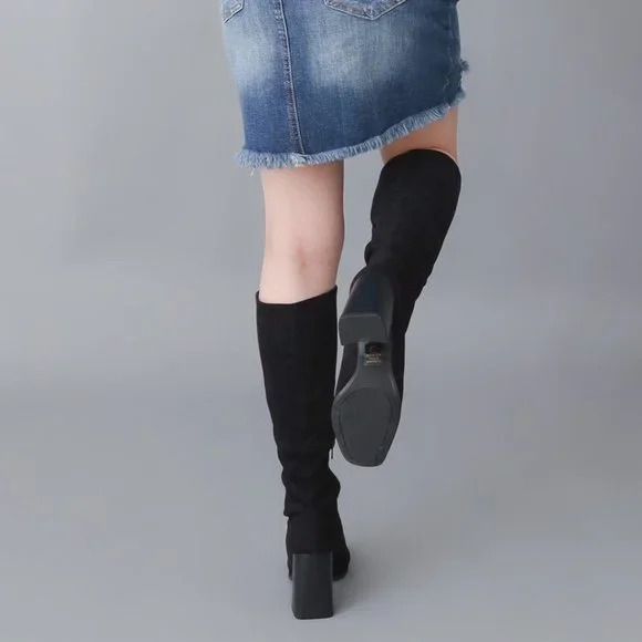 Black Microsuede Block Heel Knee High Boots - Picture 4 of 6